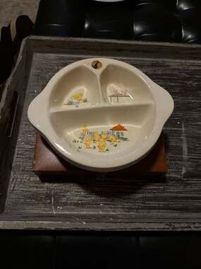 Vintage 1940s Excello Ceramic Divided Baby Food Warming Dish with Easter Chicks